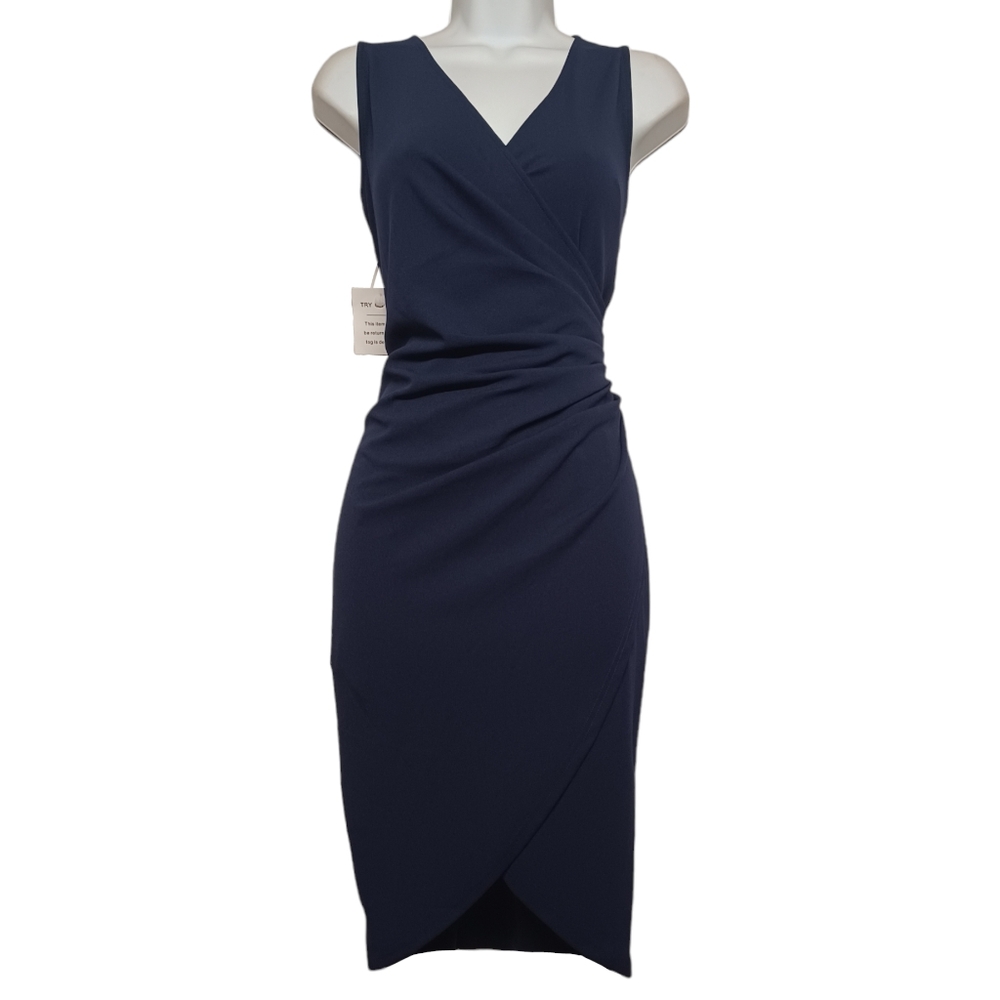 I HOT Navy Dark Blue Sleeveless Ruching V Neck Midi Sheath Dress Small NWT